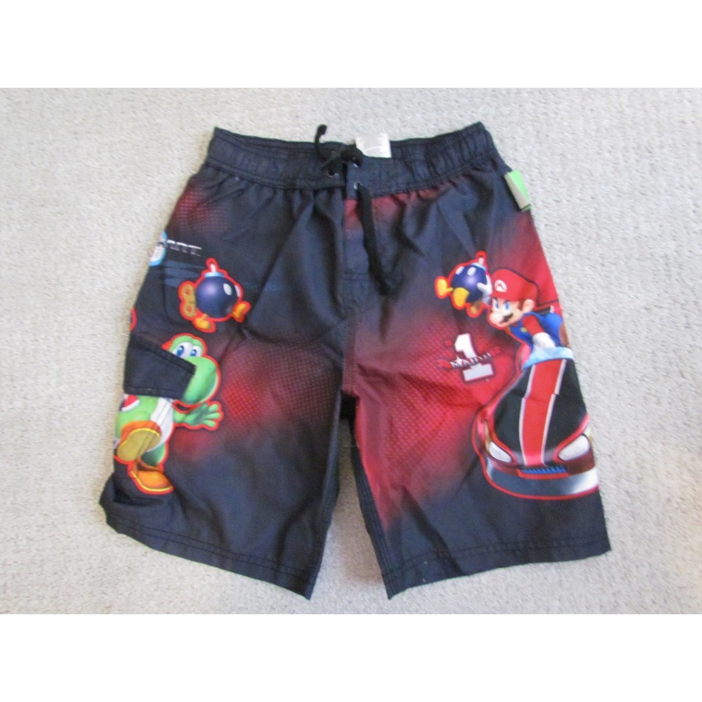 Nintendo Mario Kart Swim Trunks Boys 6/7 Small Black Mario Yoshi Luigi Shorts